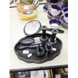 LADY'S EARLY TWENTIETH CENTURY EBONY DRESSING TABLE IMPLEMENTS, EIGHT PIECES VIZ; AN OVAL TRINKET