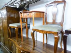 A PAIR OF INLAID MAHOGANY DINING CHAIRS AND A YEW-WOOD SIDE TABLE (3)