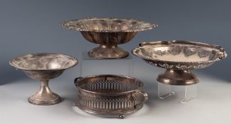 FOUR PIECES OF VICTORIAN AND LATER ELECTROPLATE, comprising; SWING HANDLED PEDESTAL CAKE STAND, with