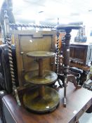 A 1930's OAK FIRESCREEN , A TRIPOD PLANT STAND, A THREE TIER STAND AND TWO BED WARMING PANS (5)