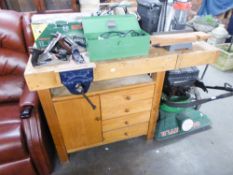 PROPRIETARY WOODEN WORK BENCH WITH TWO VICES, FOUR DRAWERS AND CUPBOARD