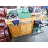 PROPRIETARY WOODEN WORK BENCH WITH TWO VICES, FOUR DRAWERS AND CUPBOARD