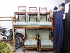 A BERGERE LOUNGE SUITE OF THREE PIECES WITH CARVED DECORATION (SOME DAMAGE TO WICKER)