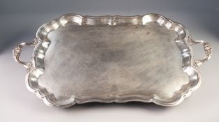 20th CENTURY ELECTROPLATE SHAPED-OBLONG TWO HANDLED TEA TRAY, 27 1/2" (70cm) long across handles