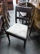 A PAIR OF VICTORIAN MAHOGANY DINING CHAIRS, WITH SOLID BACK RAIL, PAD DROP IN SEAT AND TURNED