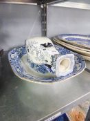 NINETEENTH CENTURY MASONS BLUE AND WHITE IRON SPODE CHINA MEAT DISH, PRINTED WITH CHINOISERIE