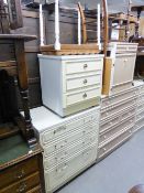 A WHITE MELAMINE CHEST OF THREE LONG DRAWER OVER ONE DEEP DRAWER AND THE LOOSE TRIPLE TOILET MIRROR,