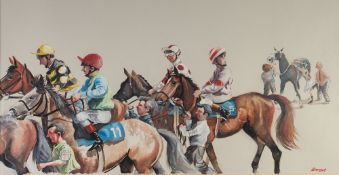 DANIEL BYRNE (Danny Caricatures) WATERCOLOUR 'Wait for me' a group of racehorses with jockeys up