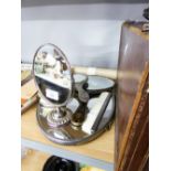 A FOUR PIECE WHITE METAL DRESSING TABLE SET, ANOTHER HAND MIRROR AND A SIMULATED TORTOISESHELL