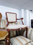 A REPRODUCTION MAHOGANY FRENCH STYLE BEDROOM ARMCHAIR ON CABRIOLE FRONT SUPPORTS