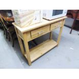 A MODERN LIGHT BEECH WOOD OBLONG SIDE TABLE WITH TWO DRAWERS, ON STRAIGHT SUPPORTS, WITH