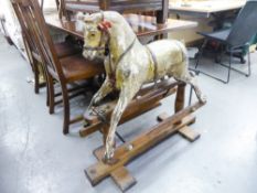 LINES BROS LTD. 'TRIANG-TOYS' AYRES TYPE VINTAGE WHITE PAINTED CARVED PINE PLATFORM ROCKING HORSE,