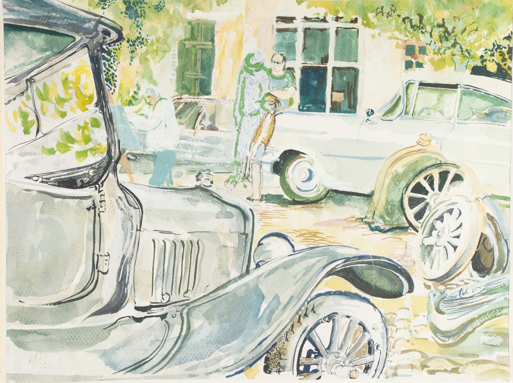 JESSIE STREAMES (modern) WATERCOLOUR AND GOUACHE 'Vintage cars Negrepellise 1999' Signed and