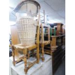 A PAIR OF MODERN HIGH BACK DINING CHAIRS WITH WICKER SEATS, AND TWO SIMILAR FOOTSTOOLS AND A SMALL