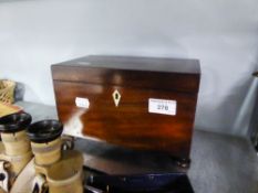 VICTORIAN MAHOGANY TEA CADDY WITH IVORY DIAMOND ESCUTCHEON, ON BUN FEET (LACKING INTERIOR)