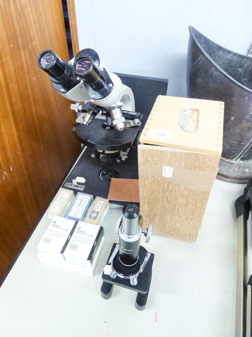 TWO MICROSCOPES, ZEISS AND A KIBRO 600X ALSO, 7 boxed MIRCOSCOPE SLIDES