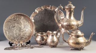 EARLY 20th CENTURY VICTORIAN STYLE ELECTROPLATED FOUR PIECE TEA AND COFFEE SERVICE, a PLATED WAITER,
