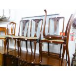 A SET OF FOUR MAHOGANY DRAWING ROOM SINGLE CHAIRS WITH PIERCED SPLAT BACKS, SLENDER CABRIOLE FRONT