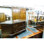 A MAHOGANY CORNER TELEVISION STAND WITH FALL FRONT, AND A GREY CANTILEVER STAND WITH TWO PLATE GLASS