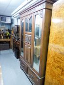 WALNUTWOOD WARDROBE WITH CENTRE CARVED AND GLAZED DOOR FLANKED BY TWO MIRROR DOORS, 4' WIDE