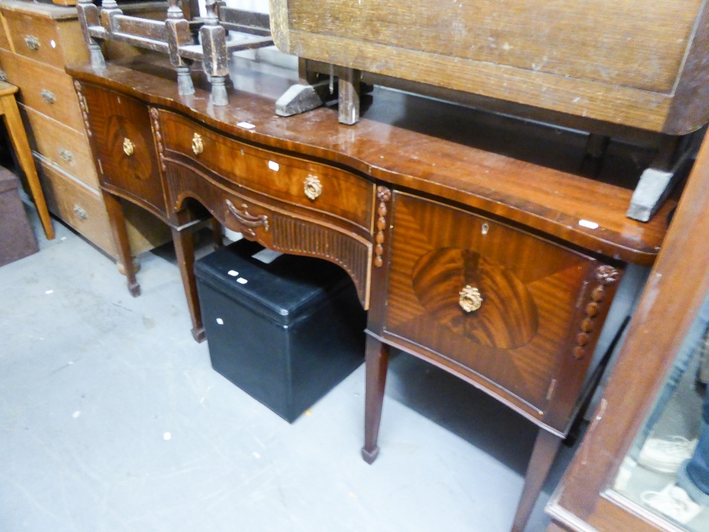 GEORGIAN STYLE LINE INLAID MAHOGANY SERPENTINE SIDEBOARD, 6' WIDE