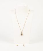 9ct GOLD FINE CHAIN NECKLACE and the matt 9ct GOLD TEAR SHAPED PENDANT, set with a sapphire and