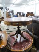 A REPRODUCTION MAHOGANY DRUM TABLE, WITH LEATHER INSET TOP