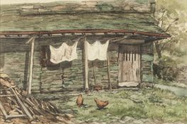 SHELAGH POWELL (Twentieth Century) WATERCOLOURS, THREE A village scene, a coastal scene and a rustic