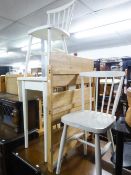 A WHITE FINISH OBLONG FALL-LEAF KITCHEN TABLE, ON FOUR TAPERING LEGS; A PAIR OF WHITE FINISH KITCHEN