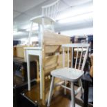 A WHITE FINISH OBLONG FALL-LEAF KITCHEN TABLE, ON FOUR TAPERING LEGS; A PAIR OF WHITE FINISH KITCHEN