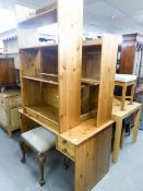 MODERN PINE OFFICE FURNITURE TO INCLUDE; A DESK WITH SHELVES, FILING CABINET AND BOOKCASE