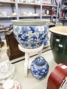 A MODERN CHINESE BLUE AND WHITE PORCELAIN FISH BOWL, 9 3/4" DIAMETER AND A NANKIN BLUE AND WHITE