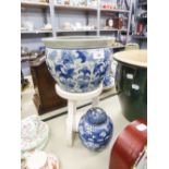 A MODERN CHINESE BLUE AND WHITE PORCELAIN FISH BOWL, 9 3/4" DIAMETER AND A NANKIN BLUE AND WHITE