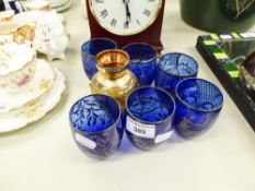 SET OF SIX VENETIAN BLUE GLASS TUMBLERS, BARREL SHAPED WITH SILVER RESIST DECORATION, 3" HIGH AND