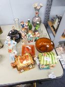 A LATE TWENTIETH CENTURY POTTERY VASE AND TWO GREEN VASES, OTHER MISC CERAMICS AND GLASS TO INCLUDE;