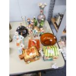 A LATE TWENTIETH CENTURY POTTERY VASE AND TWO GREEN VASES, OTHER MISC CERAMICS AND GLASS TO INCLUDE;