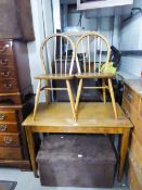 SAPELE MAHOGANY PLAIN OBLONG WRITING TABLE, 42" X 24" AND A PAIR OF HOOP BACK SINGLE CHAIRS WITH