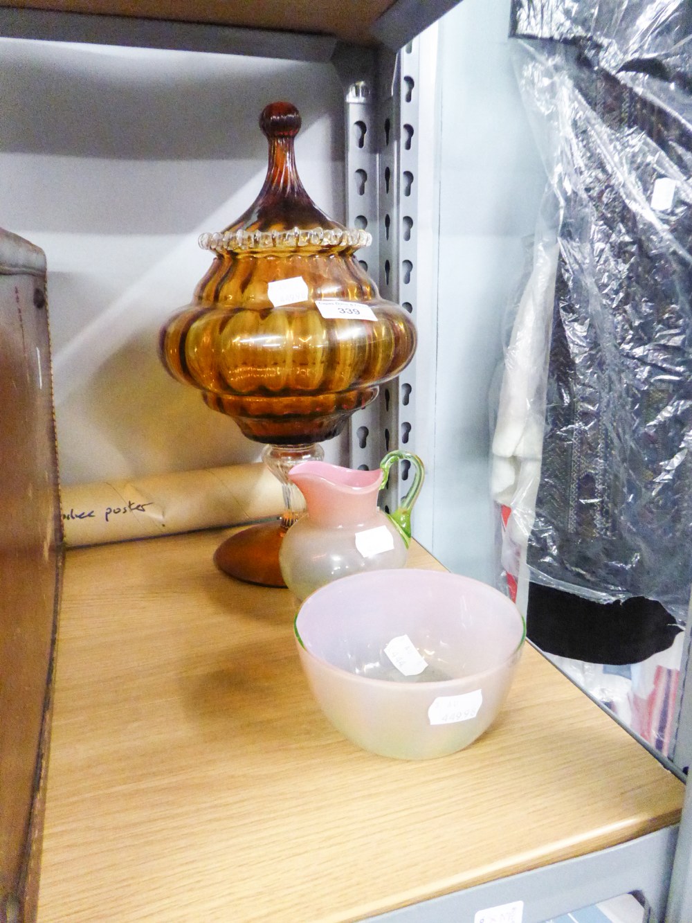 VICTORIAN SHADED PINK GLASS CREAM JUG AND SUGAR BASIN AND A LARGE DECORATIVE AMBER PEDESTAL BOWL