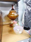 VICTORIAN SHADED PINK GLASS CREAM JUG AND SUGAR BASIN AND A LARGE DECORATIVE AMBER PEDESTAL BOWL