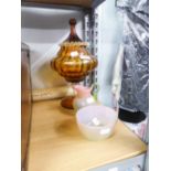 VICTORIAN SHADED PINK GLASS CREAM JUG AND SUGAR BASIN AND A LARGE DECORATIVE AMBER PEDESTAL BOWL