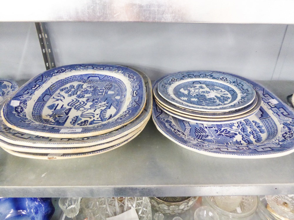 FIVE NINETEENTH CENTURY WILLOW PATTERN STAFFORDSHIRE LARGE MEAT DISHES AND FOUR WILLOW PATTERN