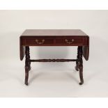 REGENCY FIGURED MAHOGANY SOFA TABLE, of typical form with two cockbeaded frieze drawers, raised on