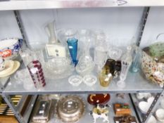 A COLLECTION OF GLASSWARES TO INCLUDE; DECANTER, VASES, A COLOURED FISH, BOWLS ETC....