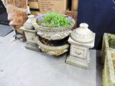 A PAIR OF COMPOSITION GARDEN URNS, OF BOWL SHAPE, ACANTHUS LEAF DECORATION, ON SQUARE PEDESTALS (