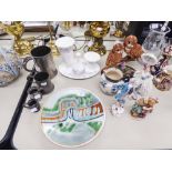A COLLECTION OF MISC CERAMICS TO INCLUDE; A POOLE PLATE, WADE FIGURAL GROUP, DOULTON BURSLEM JUG,