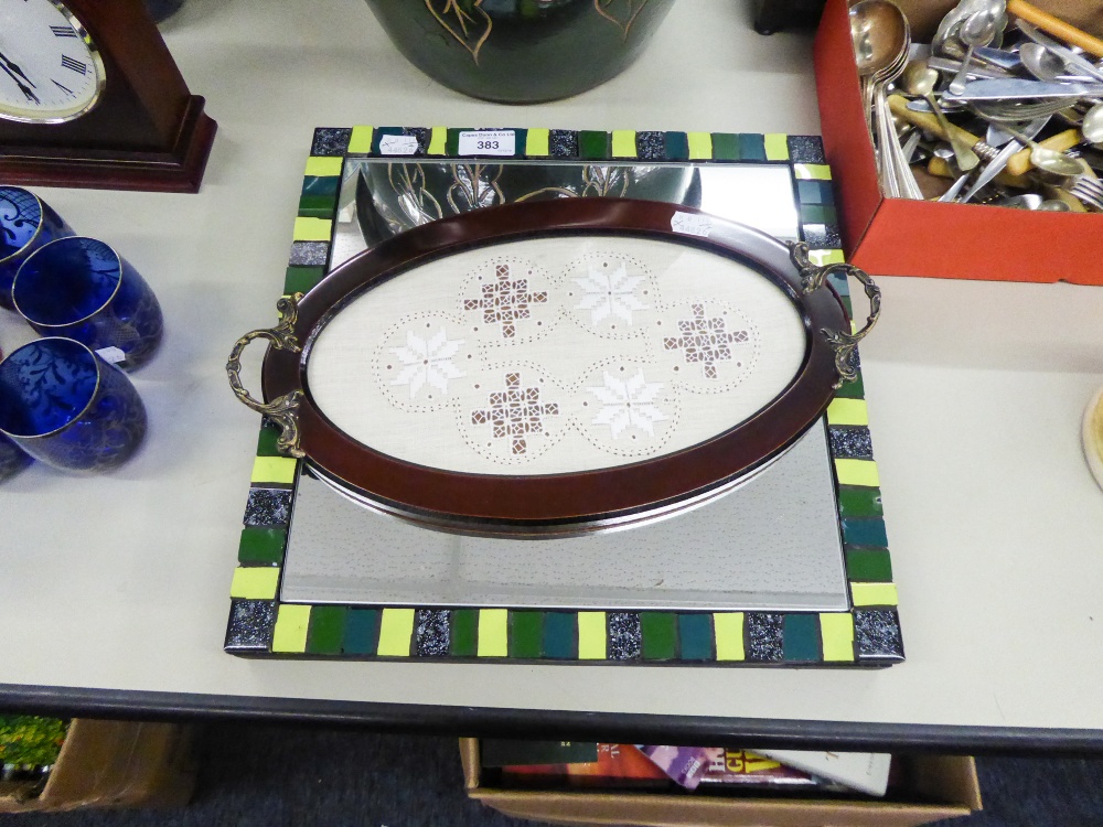 A MAHOGANY SMALL OVAL HAND MADE IN CYPRUS TRAY, WITH GLAZED AND LEFKARA LACE TOP, METAL ROCOCO END