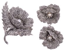 An impressive Continental silver and marcasite 'rose' cocktail brooch and ear clips, circa 1950,