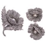 An impressive Continental silver and marcasite 'rose' cocktail brooch and ear clips, circa 1950,