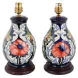 A pair of Moorcroft Rachel Bishop Poppy pattern table lamps, late 20th century