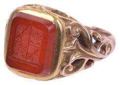 A Victorian carved hard stone carnellian intaglio set seal ring